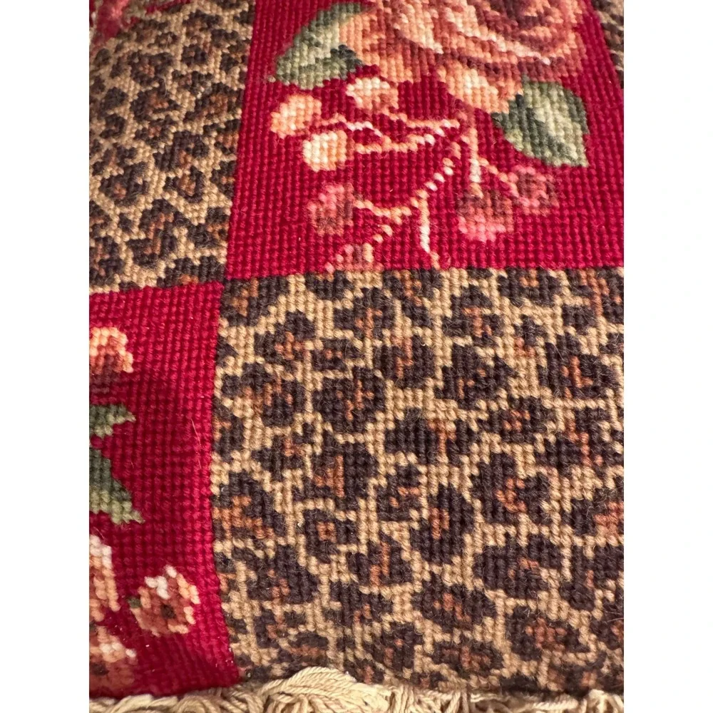 C&F Home Savannah Check Needlepoint Decoration Throw Pillow Leopard Rose